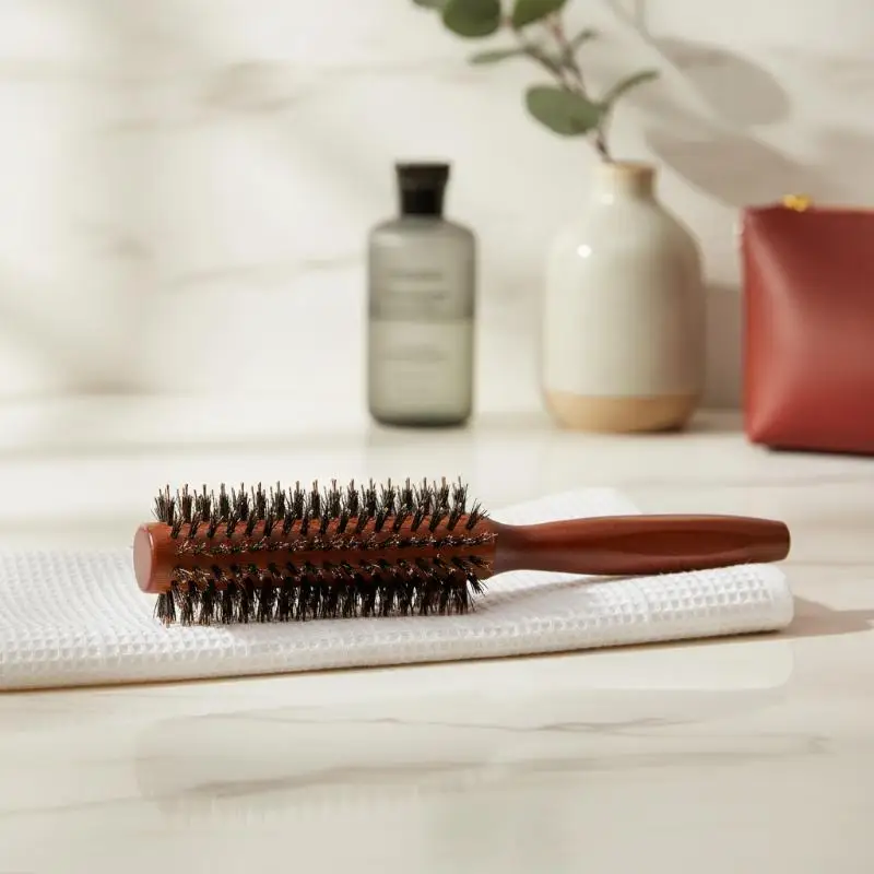 Wood Handle Round Hair Brush Boar Bristles Anti-static Detangling Professional Styling Tool for Salon Home Use