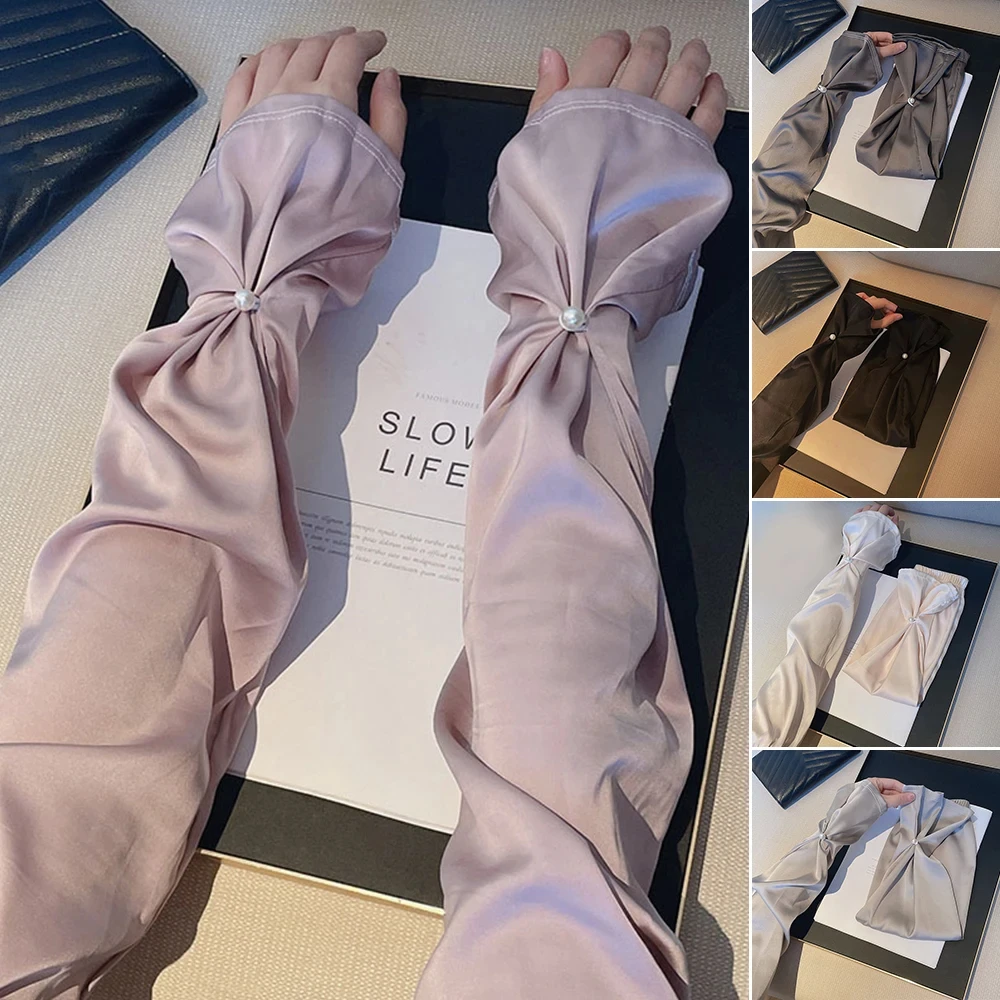

Sun Protection Silk Fabric Sleeves Pearl Thin Breathable Long Arm Sleeves Hand Sleeves UV Protection Yarn Arm Sunscreen Covers