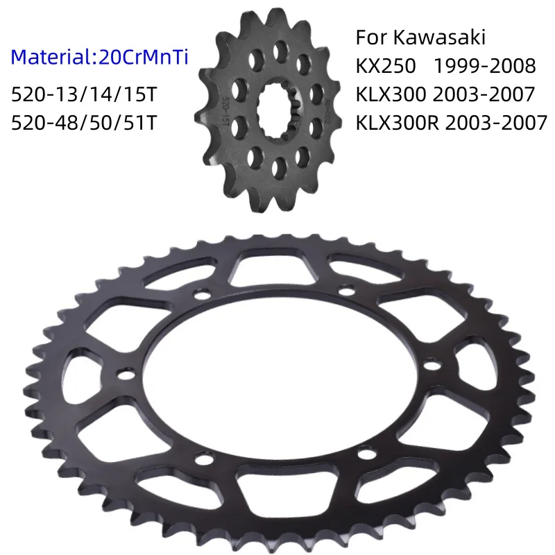 

520-13/14T/15T 48/50T/51T Motorcycle Front Rear Sprocket For Kawasaki KX250 KX 250 1999-2008 KLX 300 KLX300 R KLX300R 2003-2007