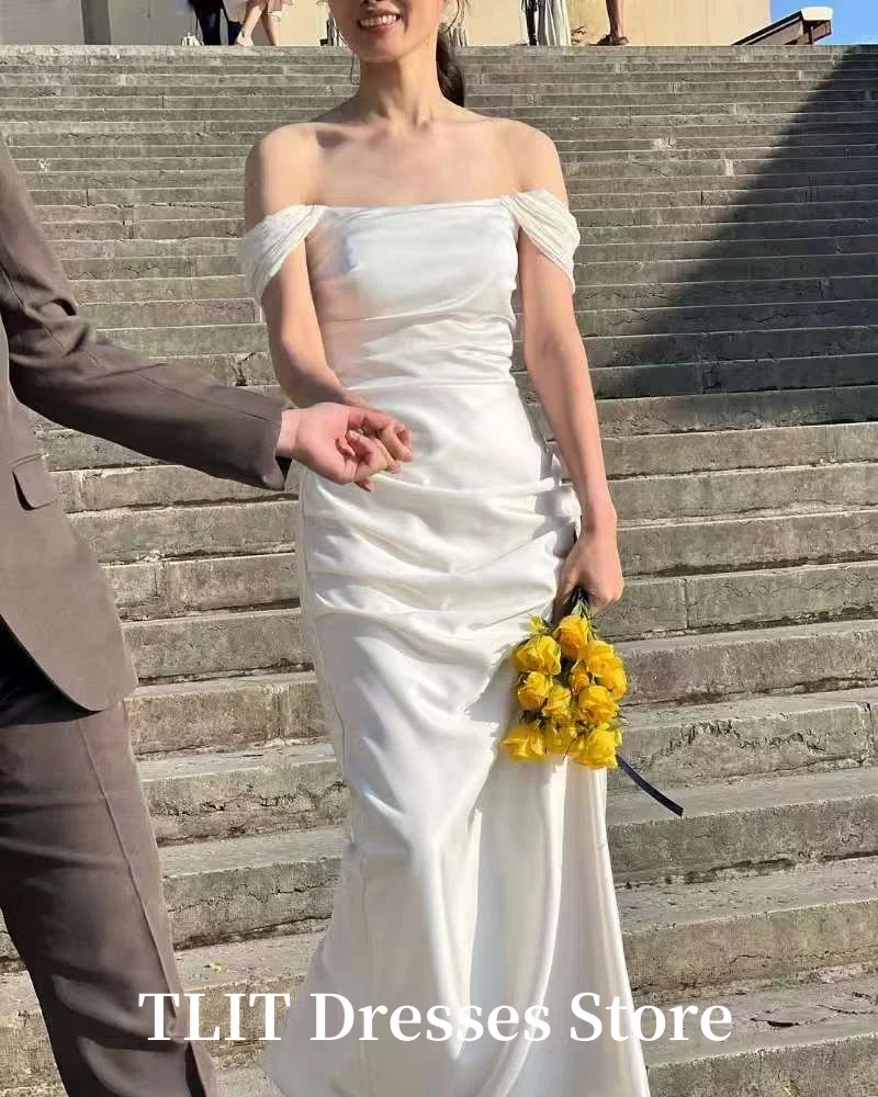 Eleganckie Białe Sukienki Ślubne z Jedwabnej Satyny na Imprezę, Koreańskie Sesje Zdjęciowe, Drapowane Suknie Ślubne z Odkrytymi Ramionami, Szyte na Miarę Suknie Wieczorowe Damskie