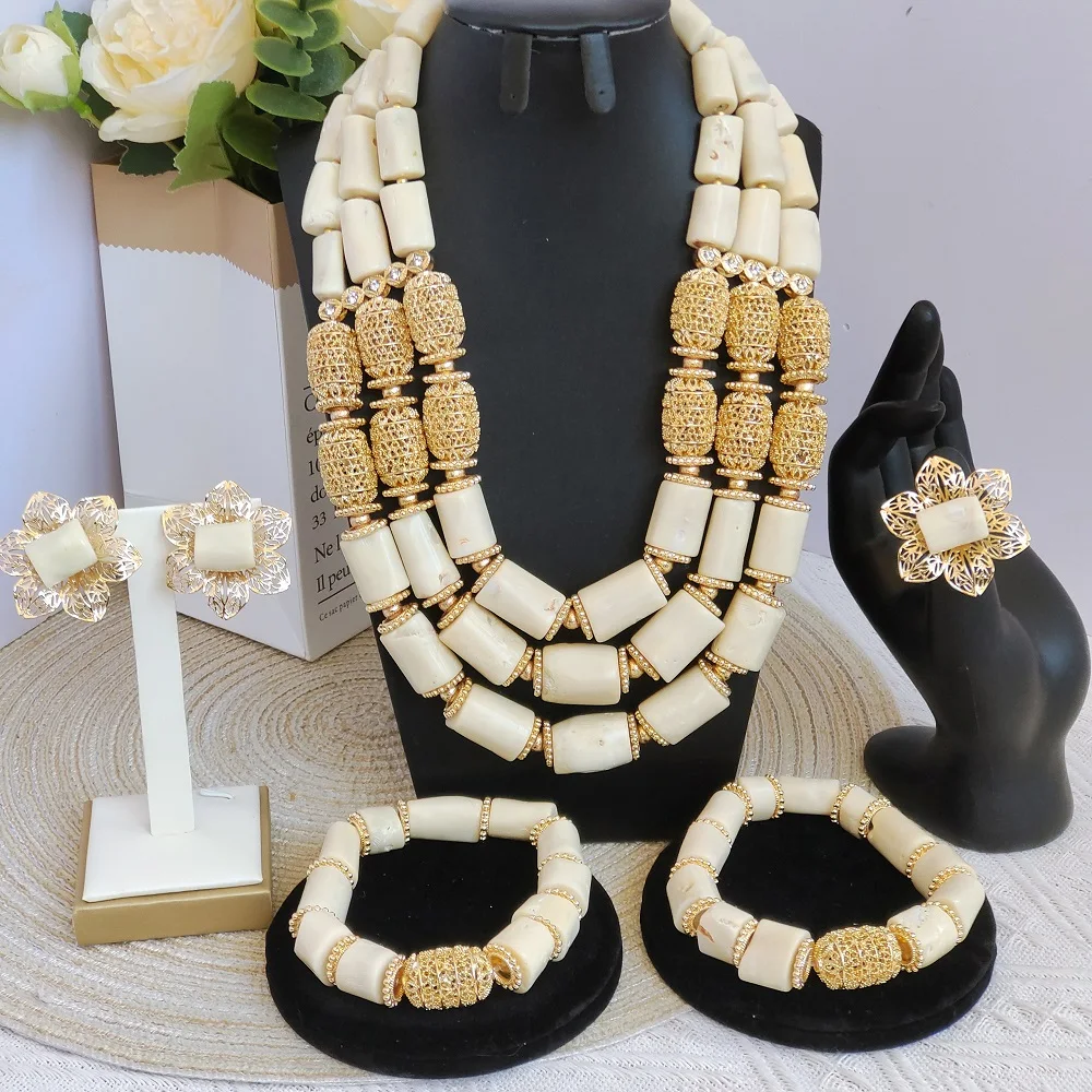 White Real Coral Beads Jewelry Set