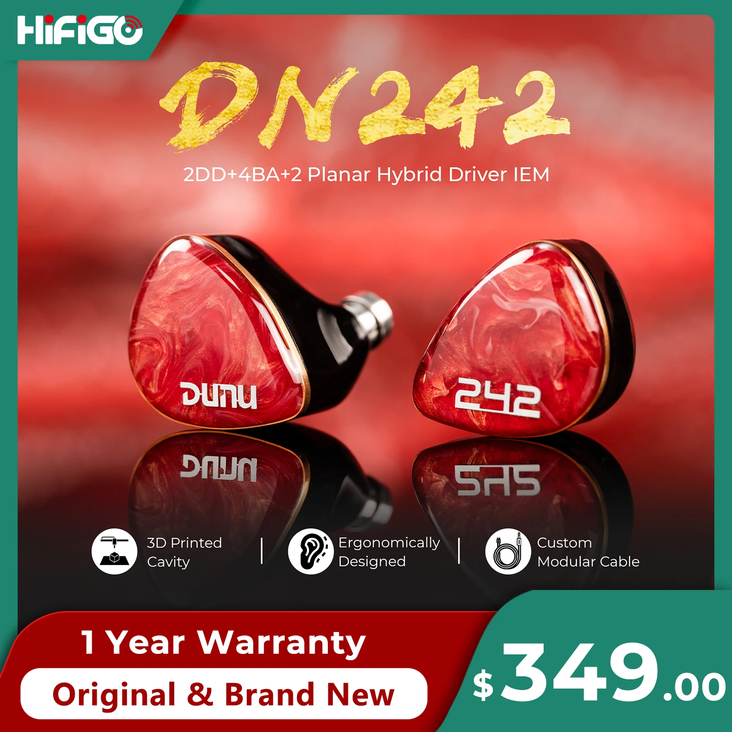 DUNU DN242 2DD+4BA+2 Micro Planar Drivers HiFi Music In-ear Earphone with Q-Lock Mini Interchangeable Termination Plug Cable