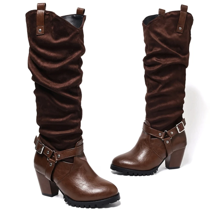 

Женские сапоги до колена, винтажная осенне-зимняя обувь 2025 года, черные, красные ботинки из флока на каблуке, женская обувь с пряжкой, большой размер 45