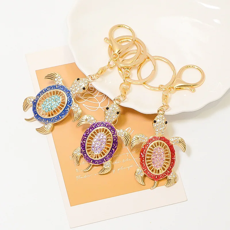 

New Openwork Turtle Keychain Marine Animal Sea Turtle Rhinestone Decorative Keychain Women Handbags Turtle Pendant Car Key Charm