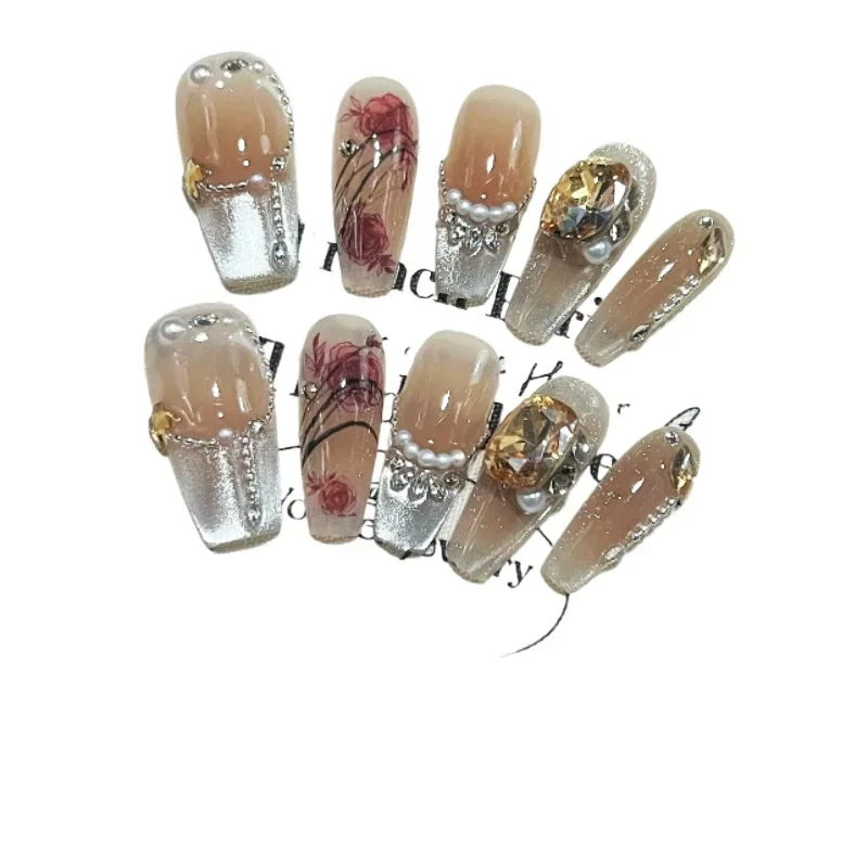 

*Autumn and winter retro cat's eye French pure hand-worn nail chain temperament nail sticker finished product