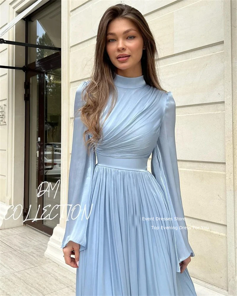 OLOEY Modest Dusty Blue Arabic Evening Party Dresses Flare Long Sleeves High Neck Silk Chiffon Ankle Length Prom Formal Gowns