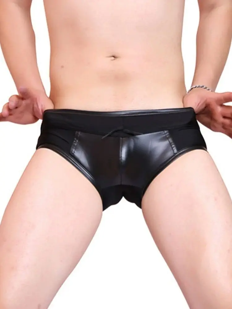 

Low Waist Elastic PU Leather Patchwork Bikini Briefs Swimming Trunks Jockstrap Slip Homme Calzoncillos Underwear Bathing Drawer