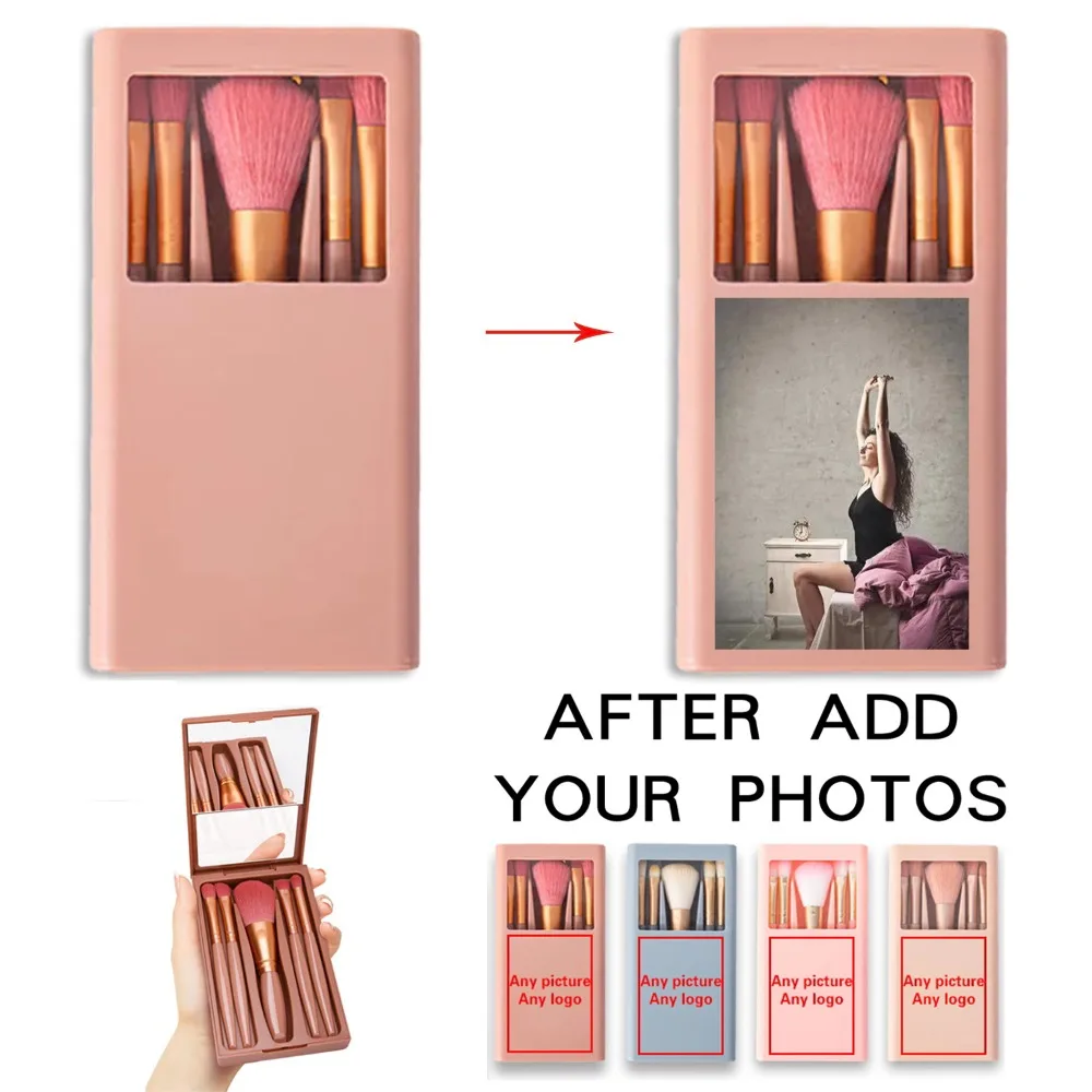 5 Pcs Customized Photo with Mirror Makeup Brush Kit Women Cosmetic Brush Set with Case Organizer Picture Personalized Pattern