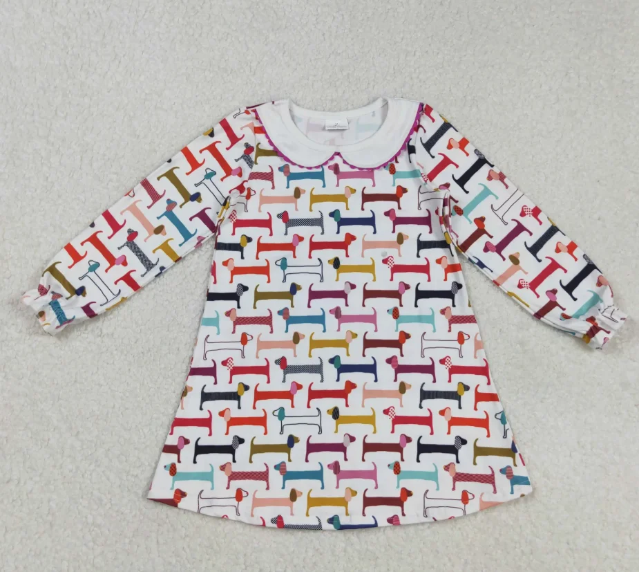 

Wholesale Holiday Fashion Children's Clothing Christmas Dress Colorful Puppy Pattern for Girls