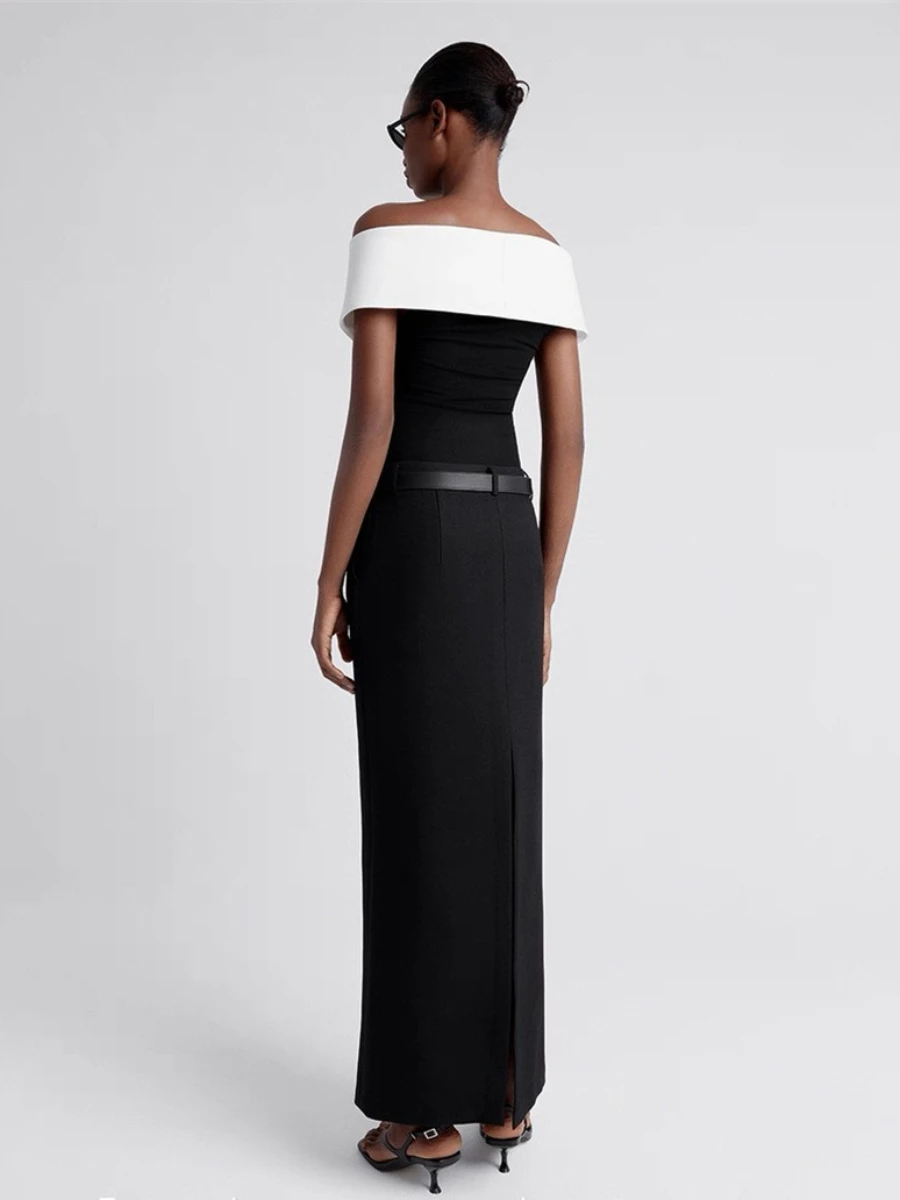 VGH Hit Color camiseta de oficina para mujer cuello barco fuera del hombro adelgazante Tops de punto minimalistas ropa femenina de otoño nueva