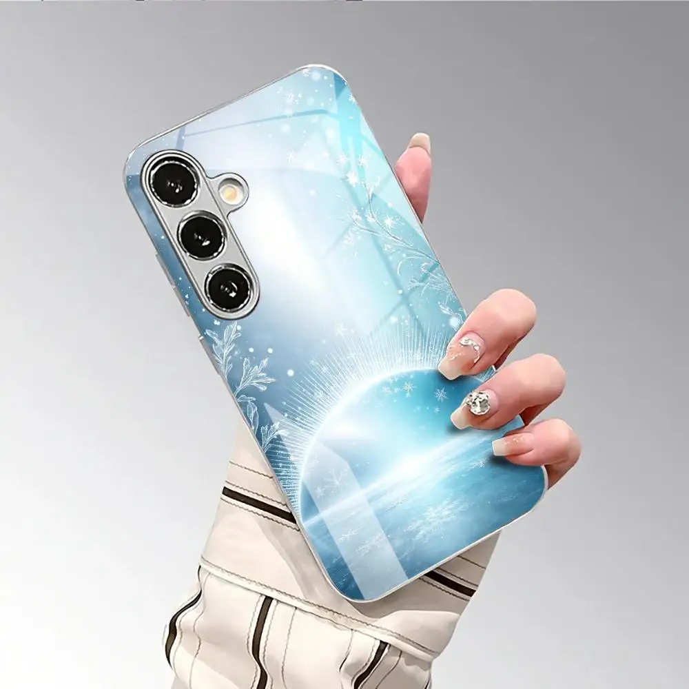 Fresh snowflake blue pattern electroplated glass phone case suitable for Samsung S26/S25/S24/S23/S22/S21/S20 and other models