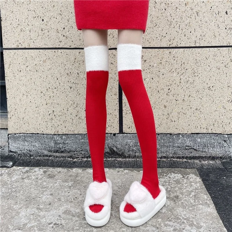 Women Christmas Thigh High Socks Red‑White Color Block Fluffy Knit Winter Warm Festival Cosplay Over‑Knee Socks For Girls