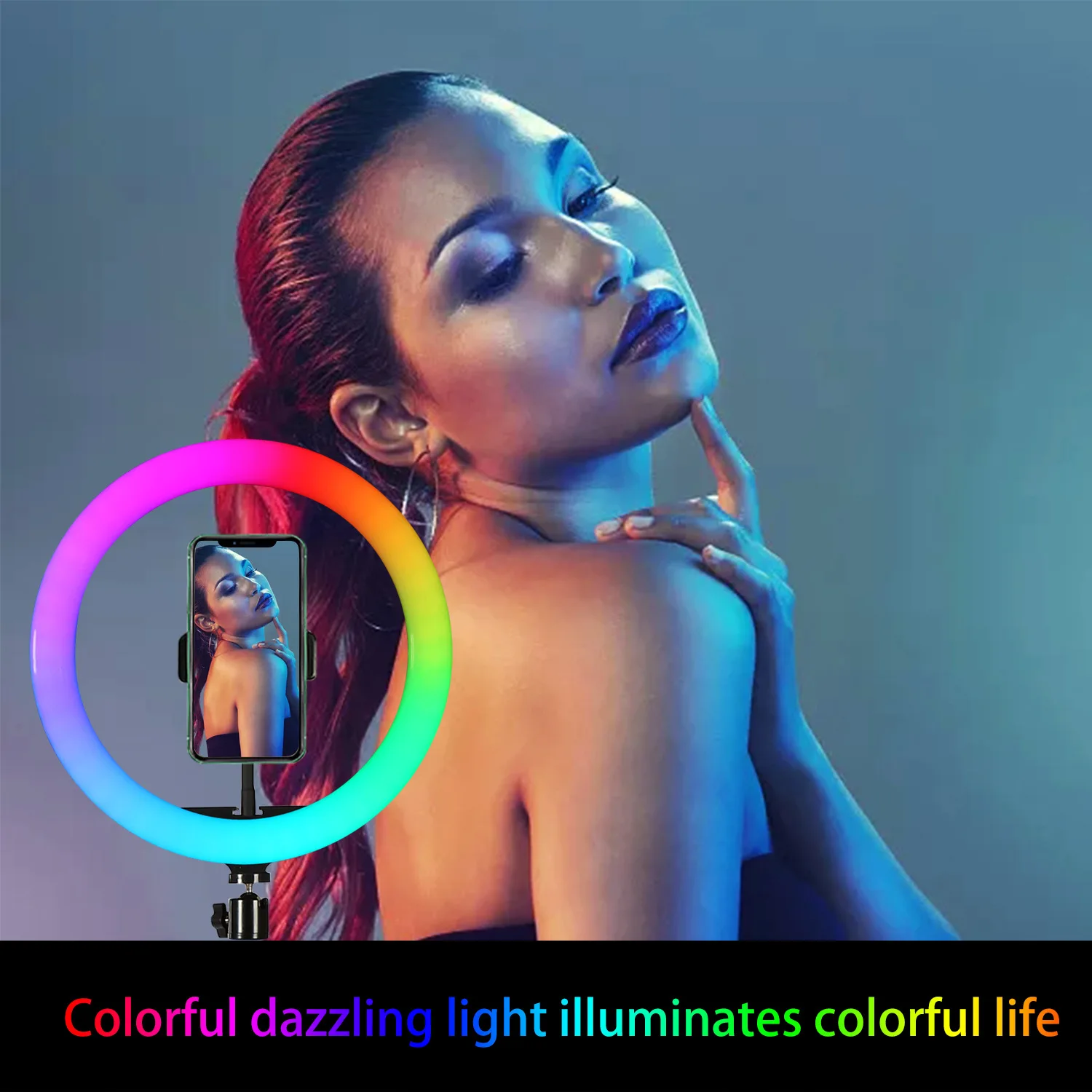 10 inch 26cm RGB Ring Light Tripod LED Round Lamp Selfie Stick Tripod with Stand RGB 15 colors Video Light for Youtube