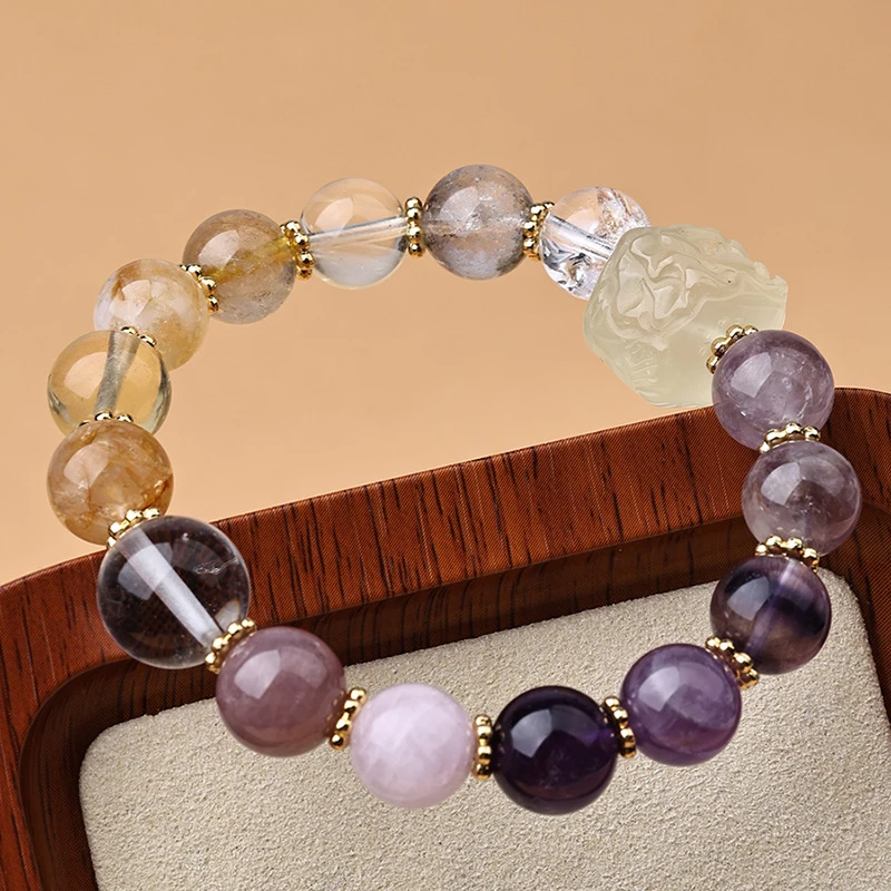 Natural - Through Peonies Sugar Cube Multi-Gem Bracelet, Purple-Yellow Series Beads