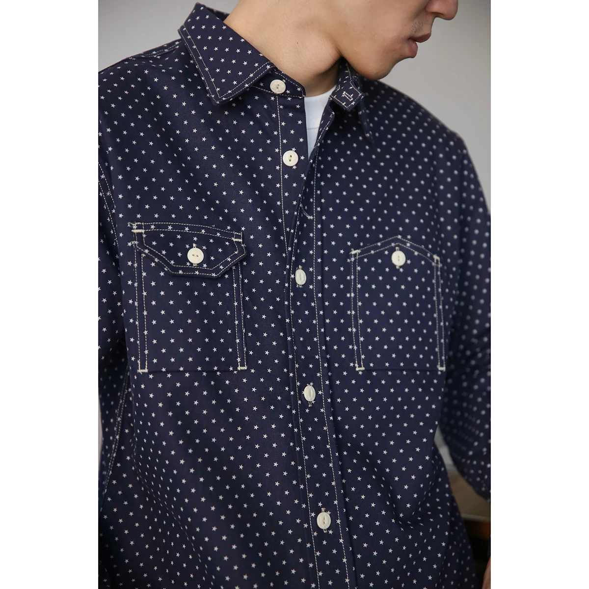 BOB DONG Wabash Star Print Work Shirt Indigo Vintage Inspired Long Sleeve Shirt