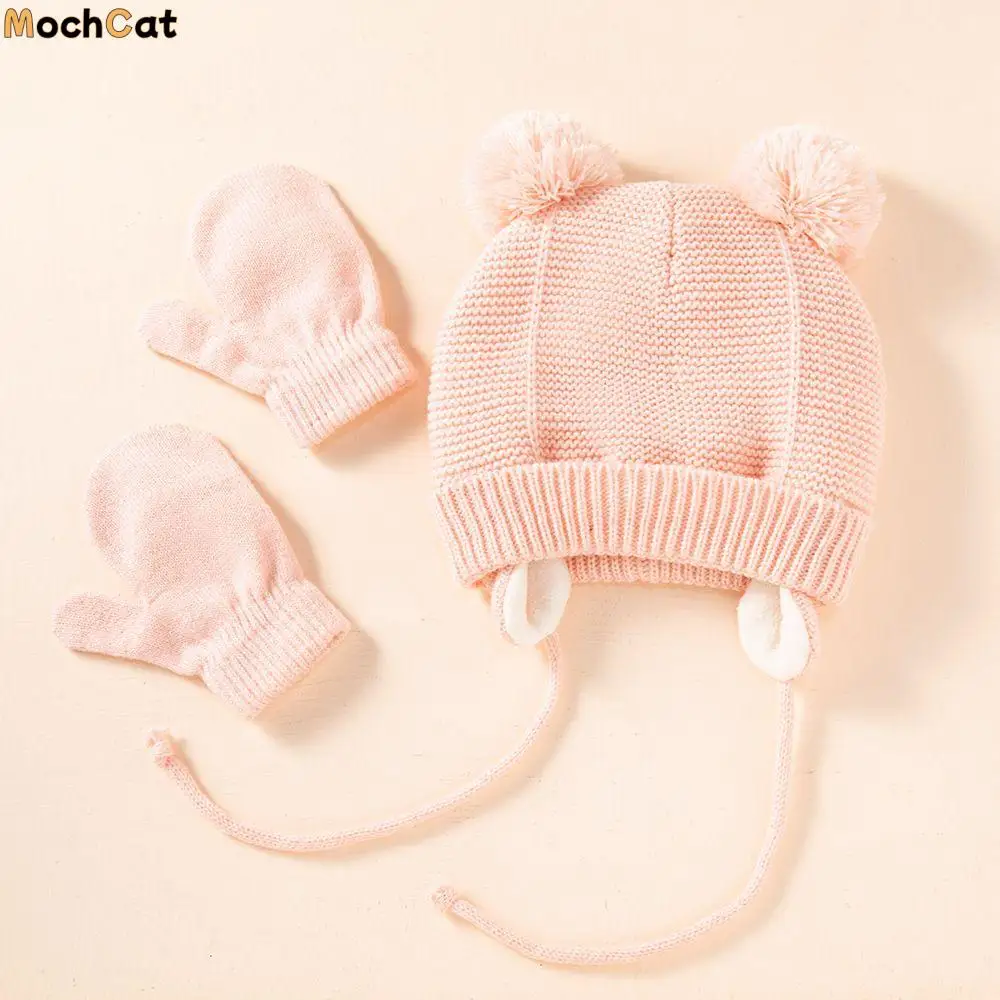 Cute Knit Hat Beanie Hat Earflap Hat Solid Color Korean Style Kid Boys Infant Bonnet Baby Gloves Ear Cap Baby Caps