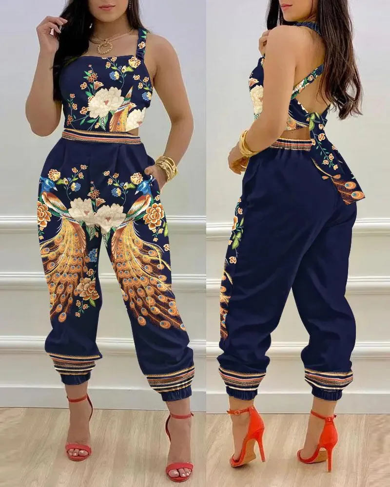 Women's Fashion Jumpsuit Backband 2024 Spring Summer Latest Trendy Street Leader Print Romper Versatile High Waist Bodysuit