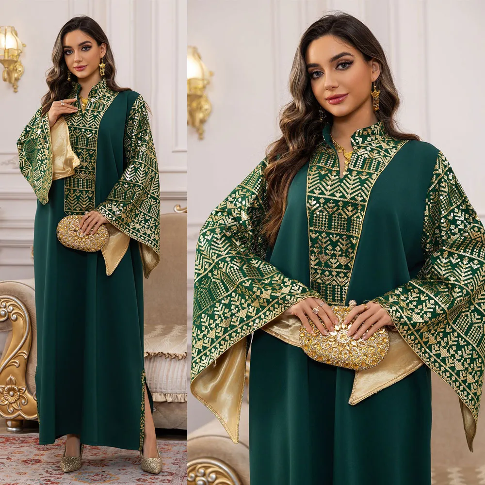 

Gold Sequins Flowers Abaya Muslim Big Split Sleeves Hem Dress Women Loose Robe Jalabiya Eid Stand V Collar Kaftan Islam Gown