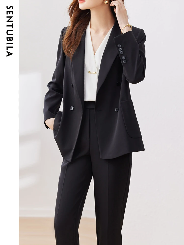 SENTUBILA Elegant Black Pant Suit Two Piece Sets for Women 2024 Fashion Busines Work Blazer Jacket and Dress Pants 133Z49711