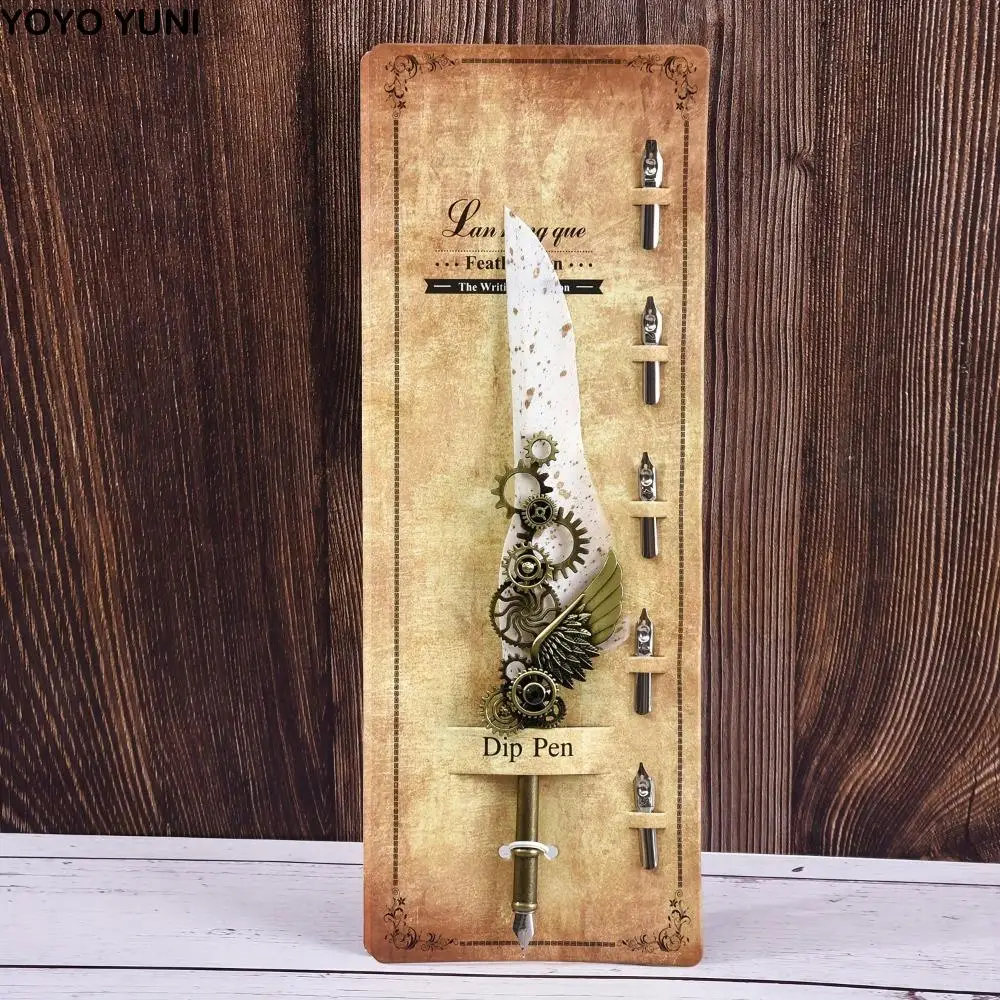 

Ручка для воды в стиле ретро в стиле панк, сменная 5-ярочная металлическая ручка для подписи в европейском стиле, винтажная роскошная ручка с перьями