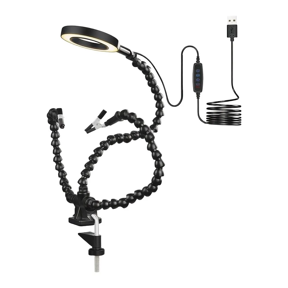 Flexible Soldering Helping Hands with 5-Arm Adjustable Clamp and Built-in USB LED Ring Light for PCB Work and Electronics Repair