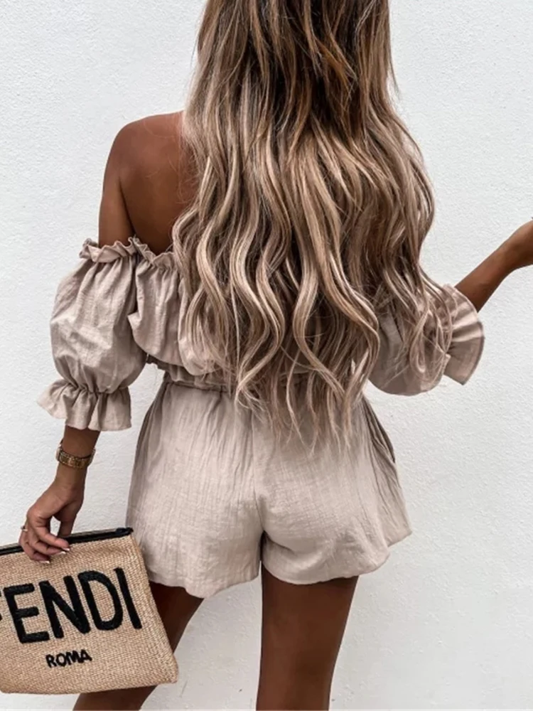 Sexy Off Shoulder Chest Shirt And Short Sets Casual Ruffles Crop Top Two Piece Set White Summer Outfits For Women 2023