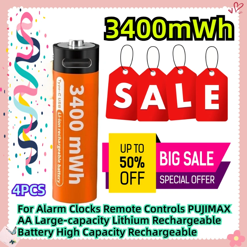 

4PCS 3400mWh For Alarm Clocks Remote Controls PUJIMAX AA Large-capacity Lithium Rechargeable Battery High Capacity Rechargeable