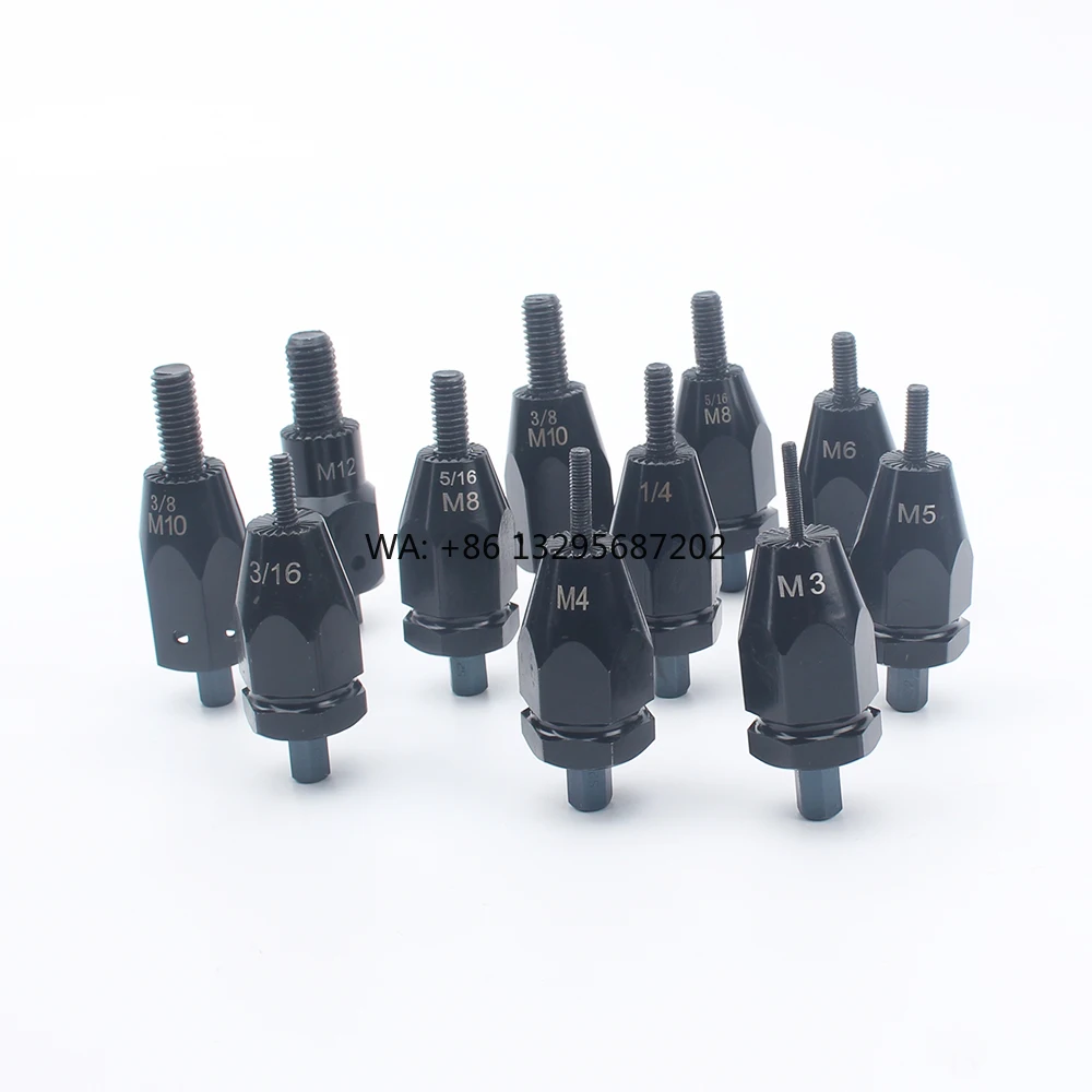 

Price for 1pc Metric M3-M12 and Imperial 3/16 1/4 5/16 3/8 Screws Pneumatic Nut Rivet Gun Adapter Head Quick Load Mandrels