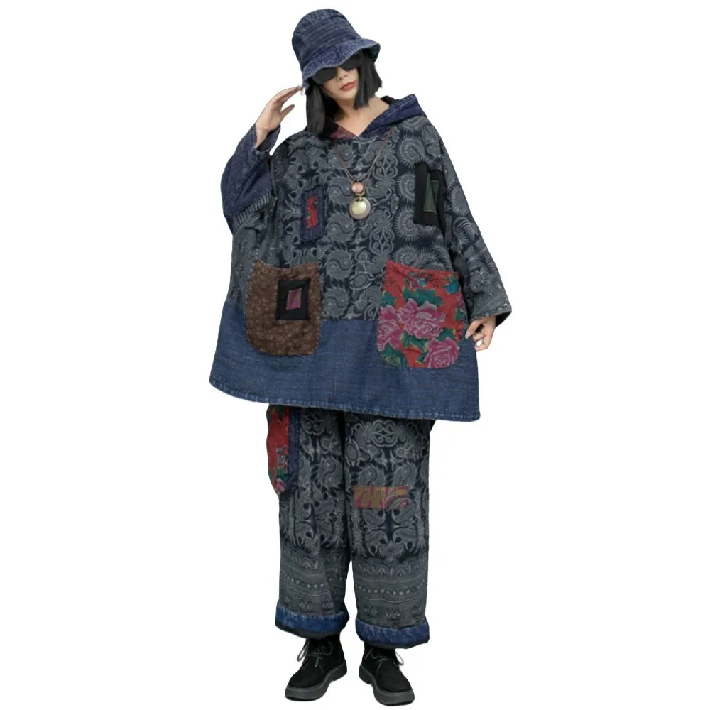 Printed Linen Patchwork Old Cloth Hooded Cotton Jacket + Cotton Pants Two-piece Set Women Outfit 2024 Winter Pant Set ZF332