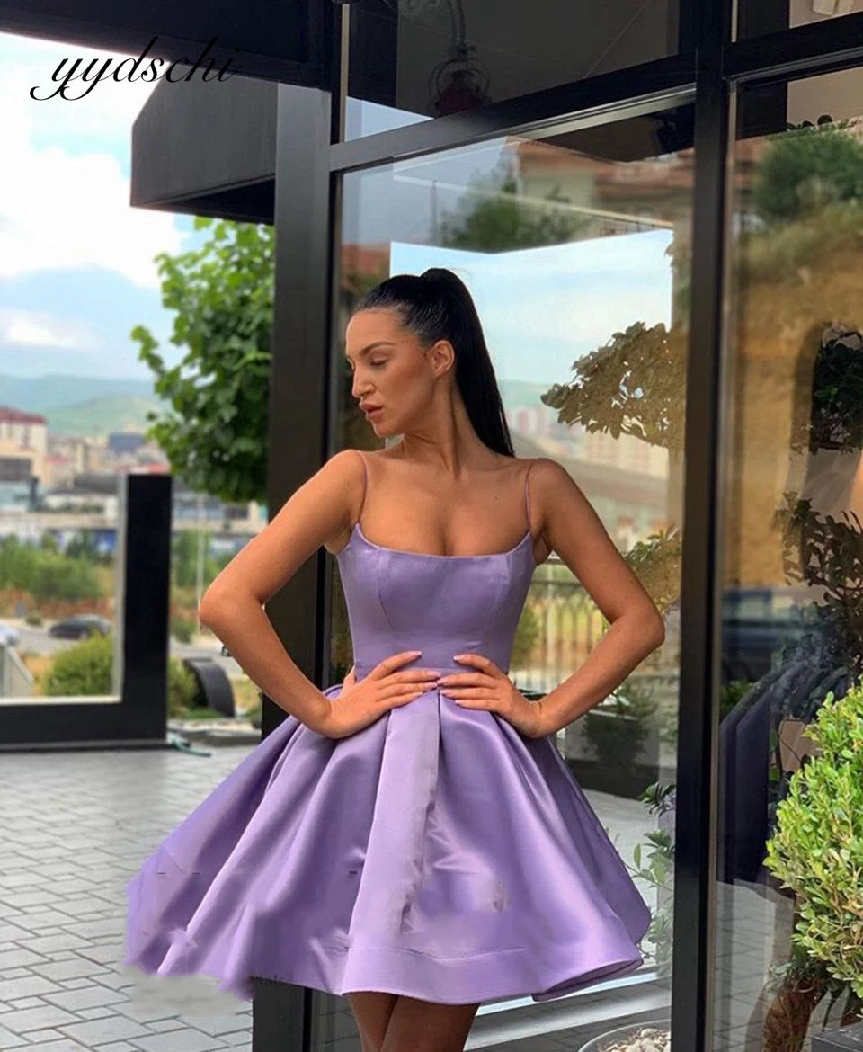 

2025 Simple Purple Satin Cocktail Dresses Mini Spaghetti Straps Homecoming Dress For Women Party Elegant Peated Prom Gown