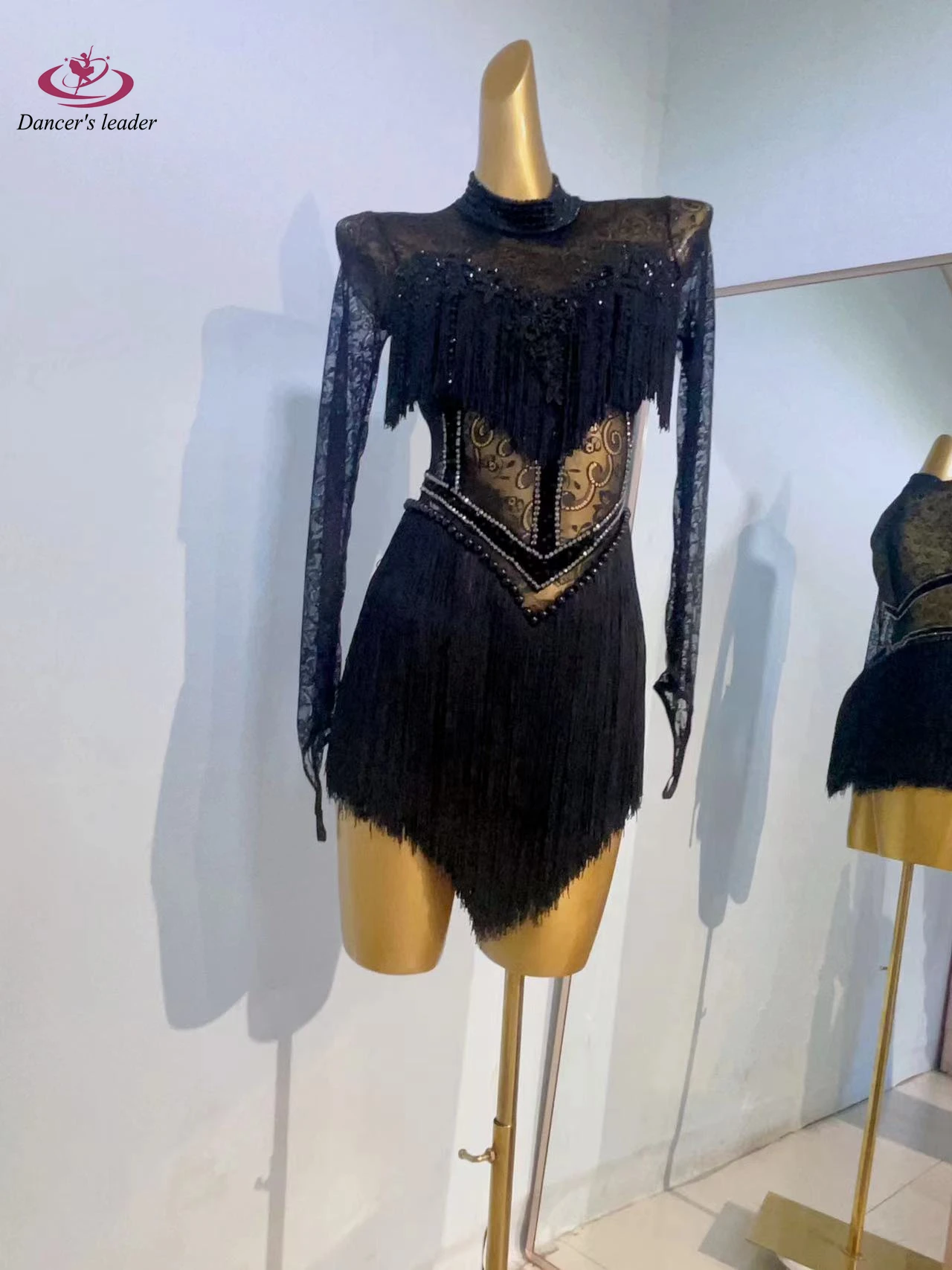 Latin Dance Costume, Rhinestone Women's Clothing, High-end Custom Mesh Embroidery Splicing, Tassel Samba Performance Dress