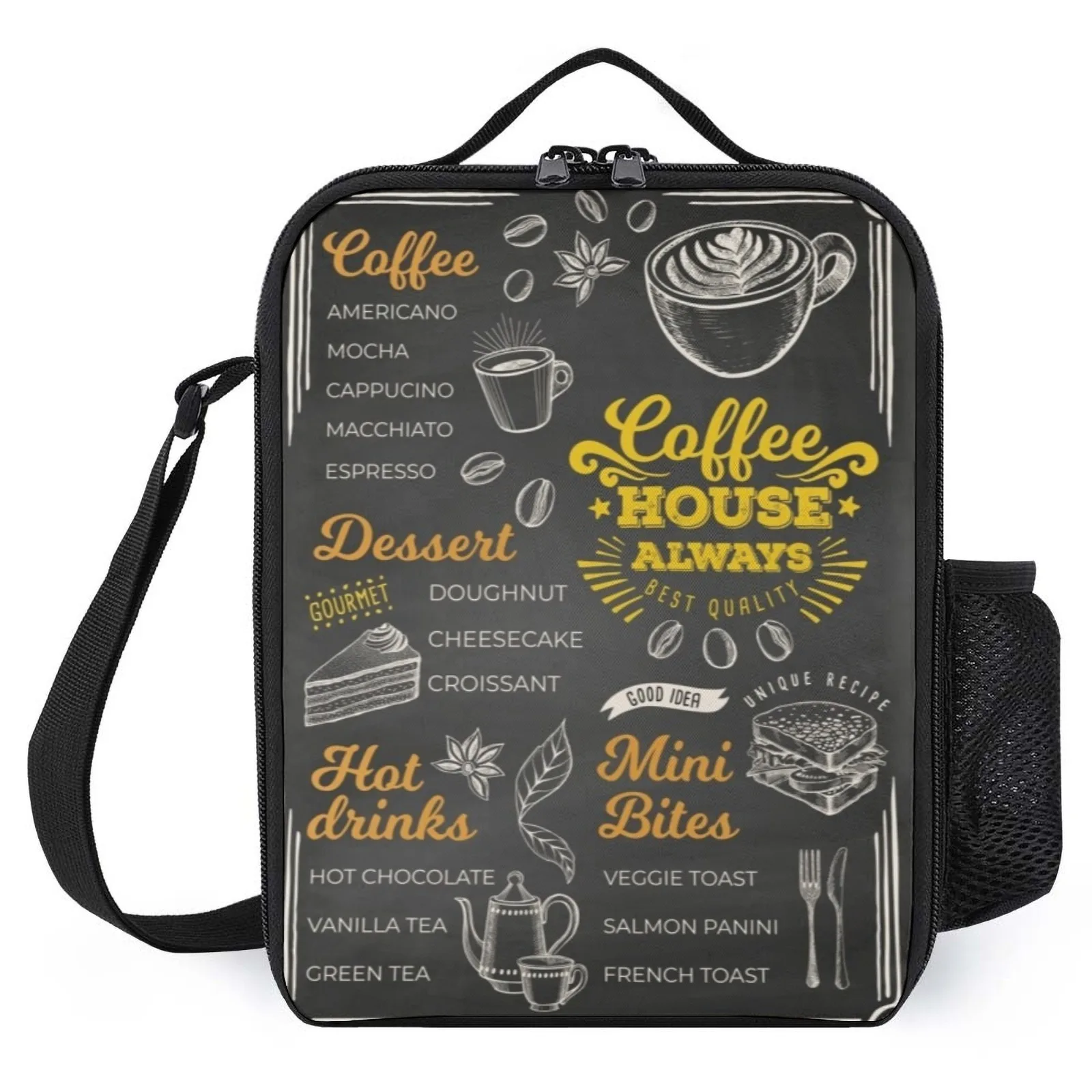 

Coffee house blackboard Lonchera De Almuerzo Printed Lunch Bag With Shoulder Strap Thermal Lunch Box Insulation Lunch Box Bag