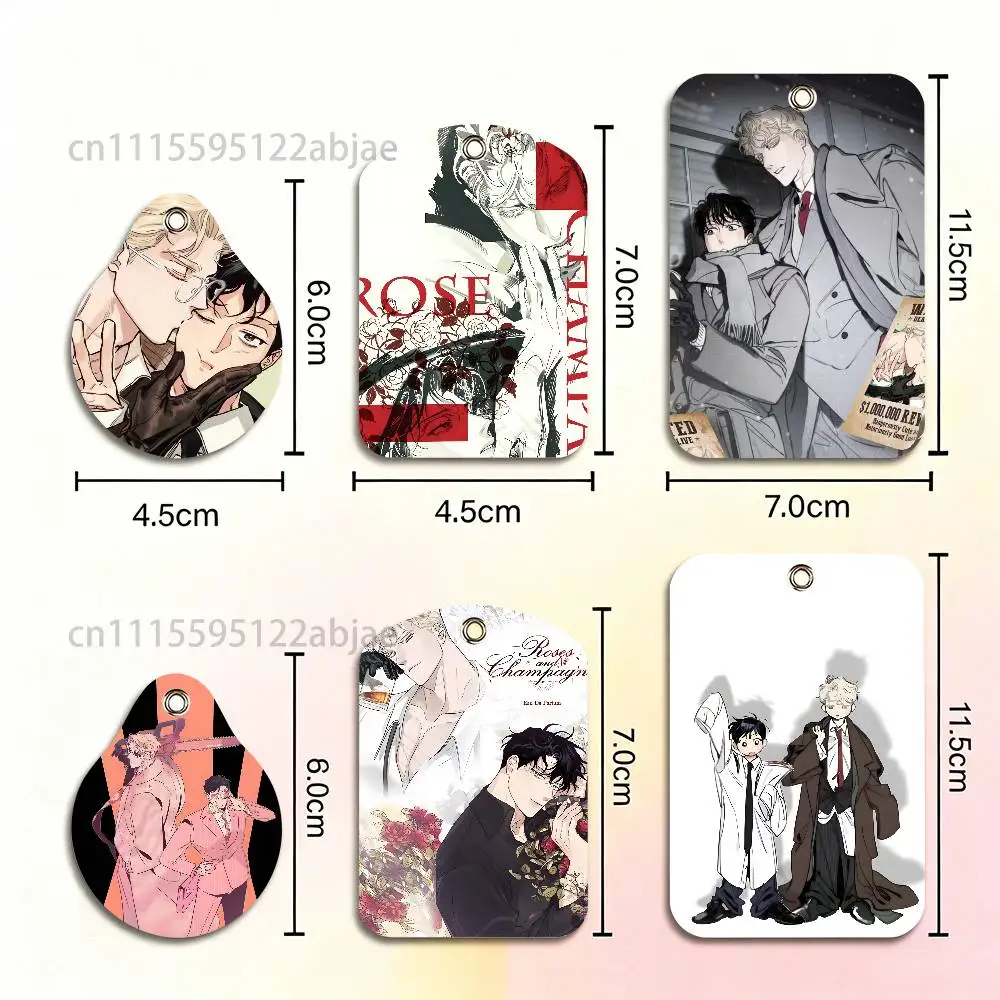 r-roses and champagne Rectangle ID Card Case Keychain Access Card Bag Key Tag Ring Leather Card Holder Key Ring