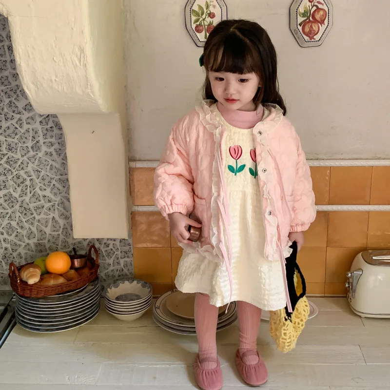 Korean Children's Winter Clothing New Girls' Fleece-Lined Thickened Cotton Jacket Little Girls' Quilted Vest Dress Set