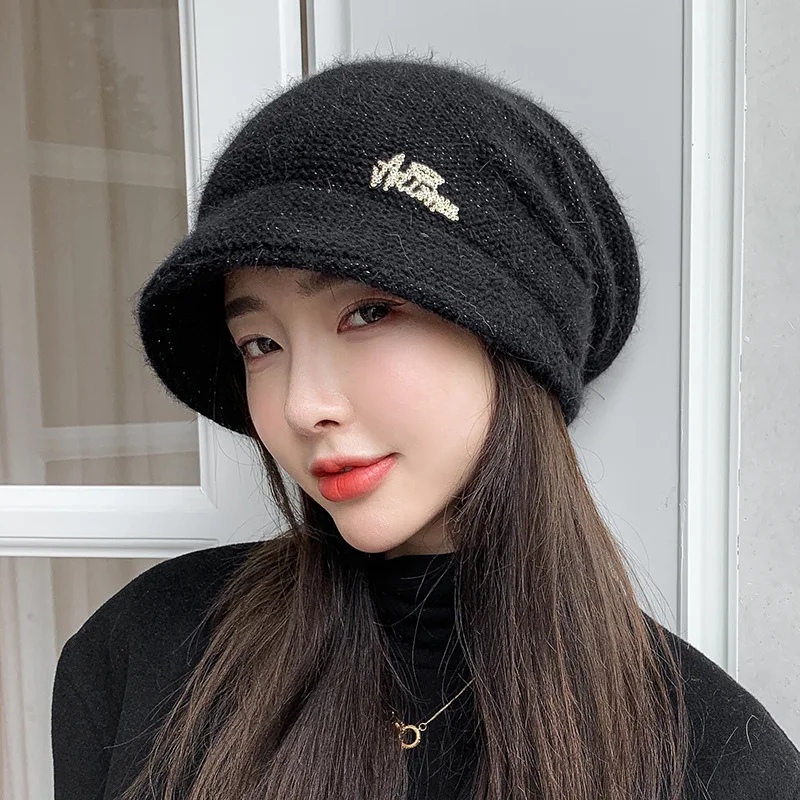 Bunny Fur Knitted Hat Fashion Women Outdoor Wide Brim Beanie Autumn Winter Thicken Warm Ear Protection Cap Korean All-Match Caps