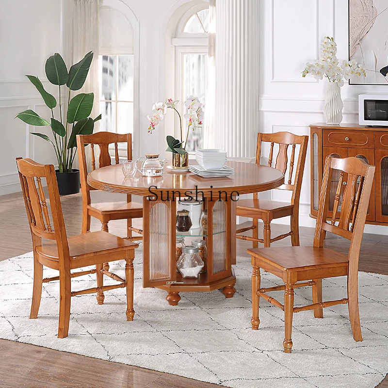 

French solid wood round dining table and chair combination cherry wood home cream style dining table