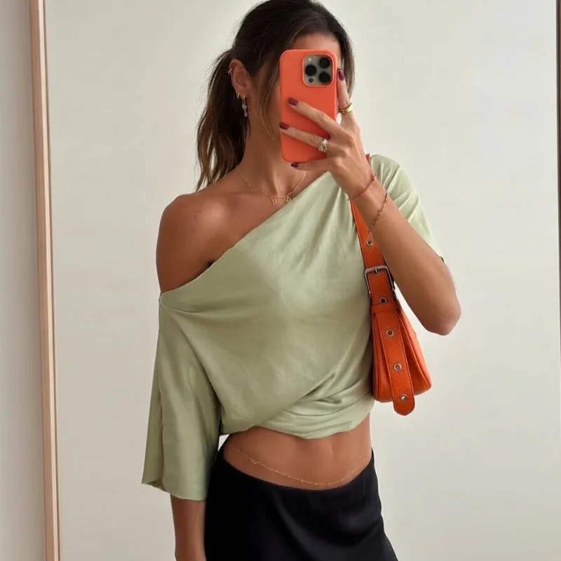 Women's Ruched One-Shoulder Vest Top Short Sleeve T-Shirt