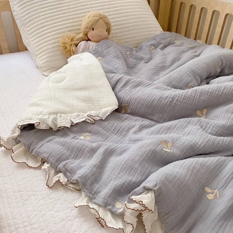 Winter Thick Cotton Muslin Blanket Embroidery Cherry Design Ruffled Lace Baby Quilt Comforter Princess Style Duvet for Babies
