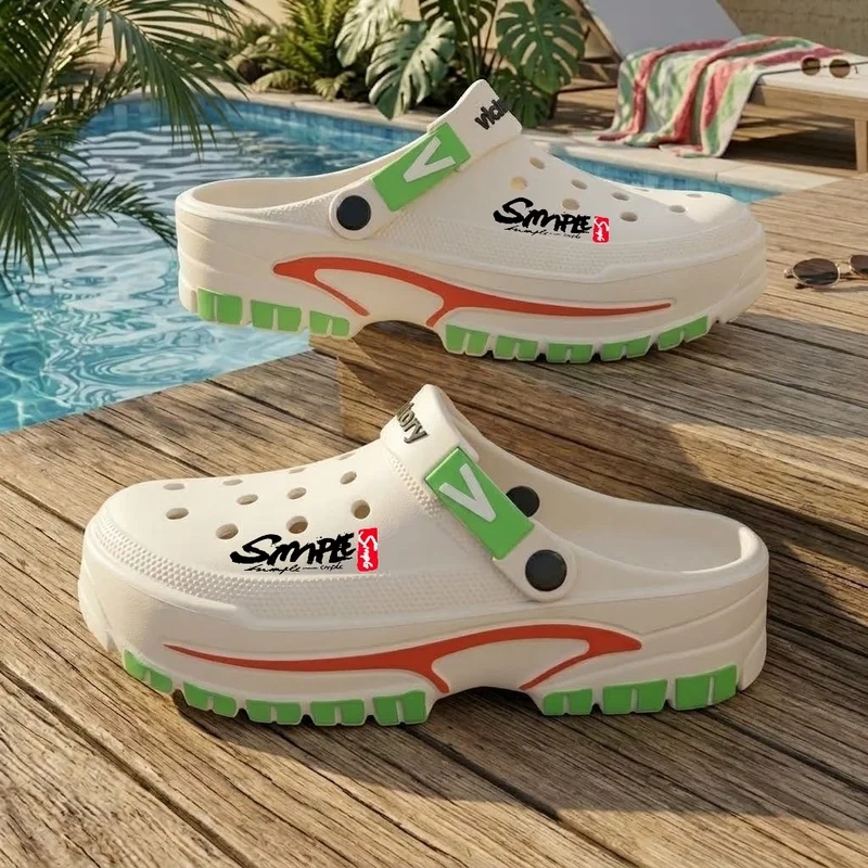 Men Summer Clogs Chunky Sole Slip On Sandals Adjustable Strap Casual Garden Shoes Breathable Beach Slippers Letter Print