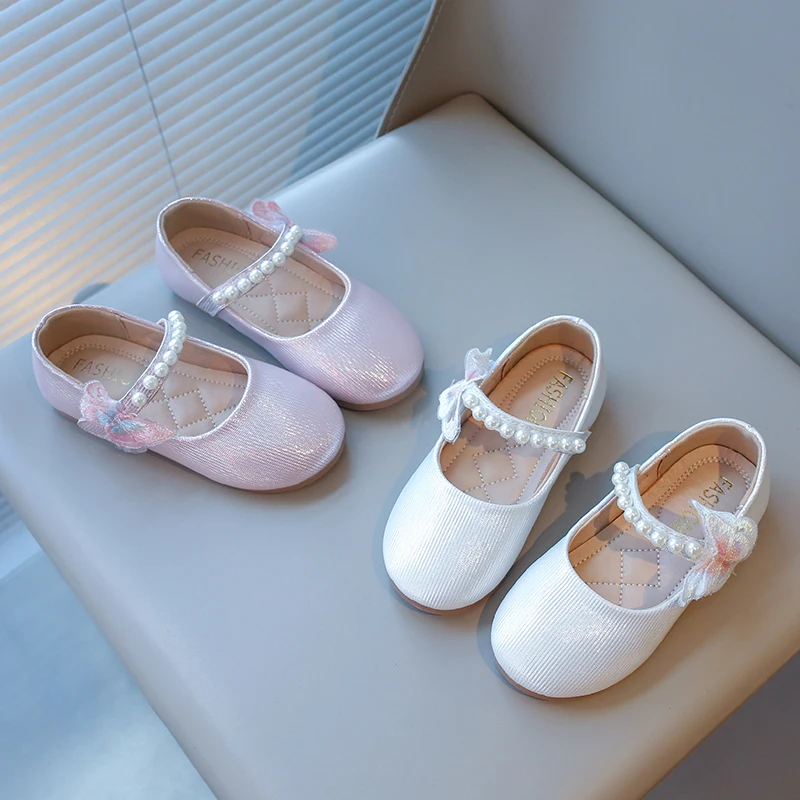 

Детские туфли-балетки для девочек, весенние, с жемчугом и бабочками, неглубокие, милые, однотонные, нескользящие, модные, нарядные