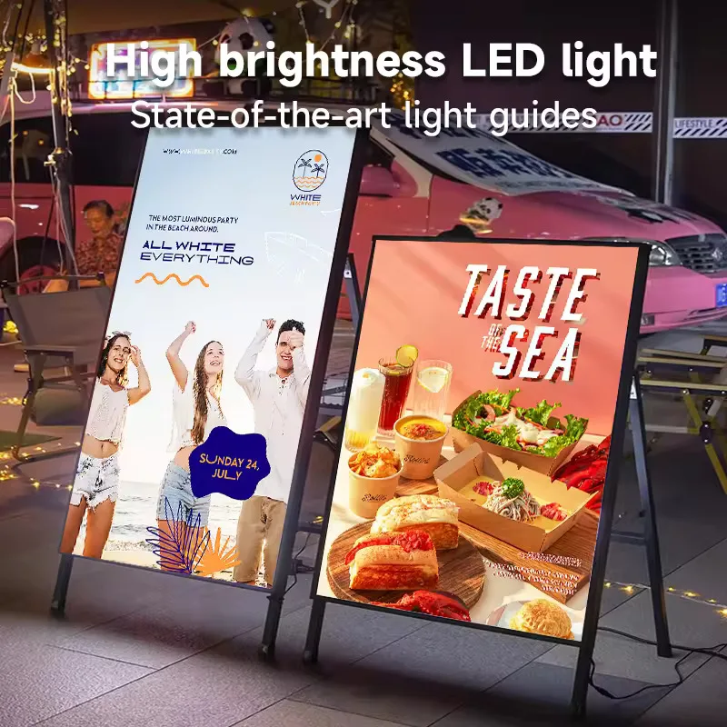 Floor‑standing Foldable LED Light Box Metal Frame Tempered Glass Outdoor Waterproof Illuminated Advertising Poster Display Board