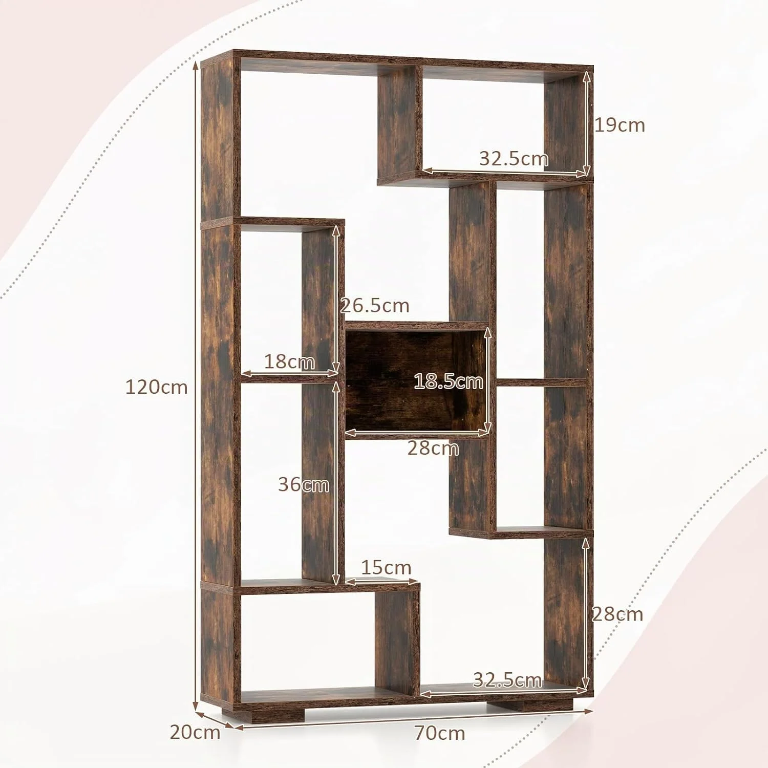 120 cm großes Bücherregal mit 9 Fächern, Standregal, Raumteiler, Mehrzweckregal, Holz, Lagerregal mit Neigungsschutz – Detail 9