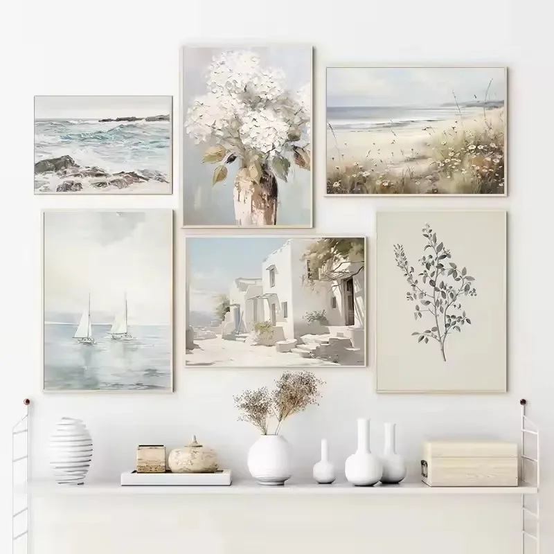 Large-sized 1pc frameless Canvas Painting Pastel Shoreline Coastal Beach Seascape Botanical Grass Sailboat Aesthetic Poster Canv
