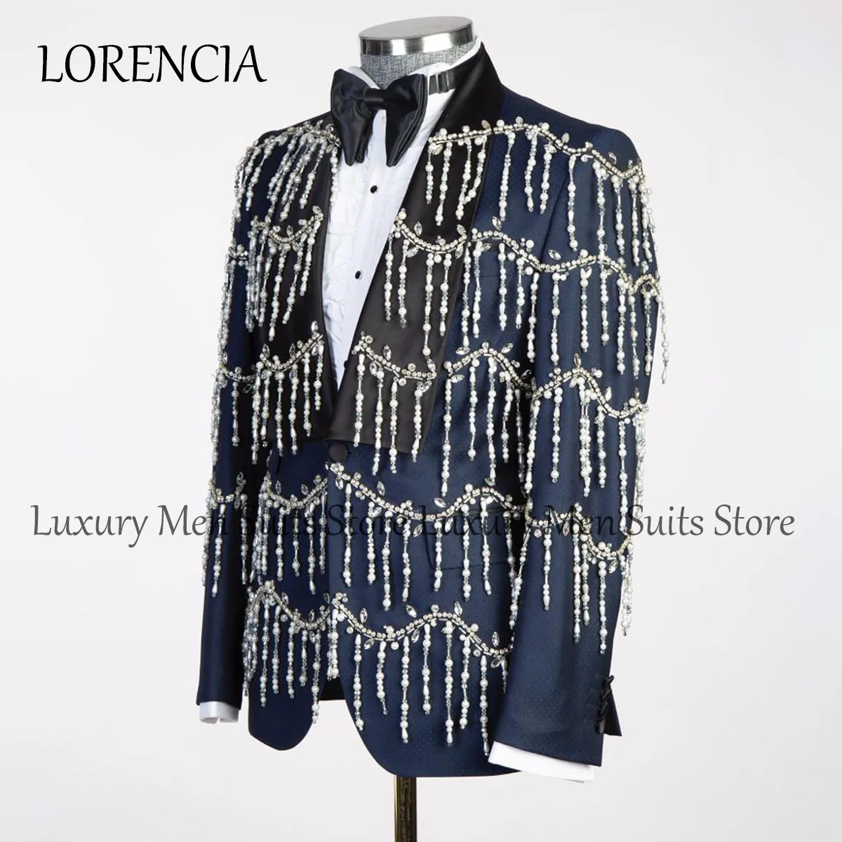 Crystal Men Suits Notched Lapel Groom Tuxedos Tassel 2 Pieces Sets Wedding Prom Blazers Pants Outfit Terno Masculino Completo