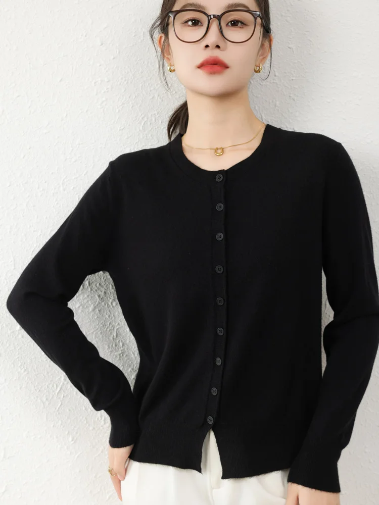 

Single Breasted Long Sleeved Round Neck Wool Blend Knitted Cardigan for Women 2025 Early Spring New Style Minimalist Basic Tops