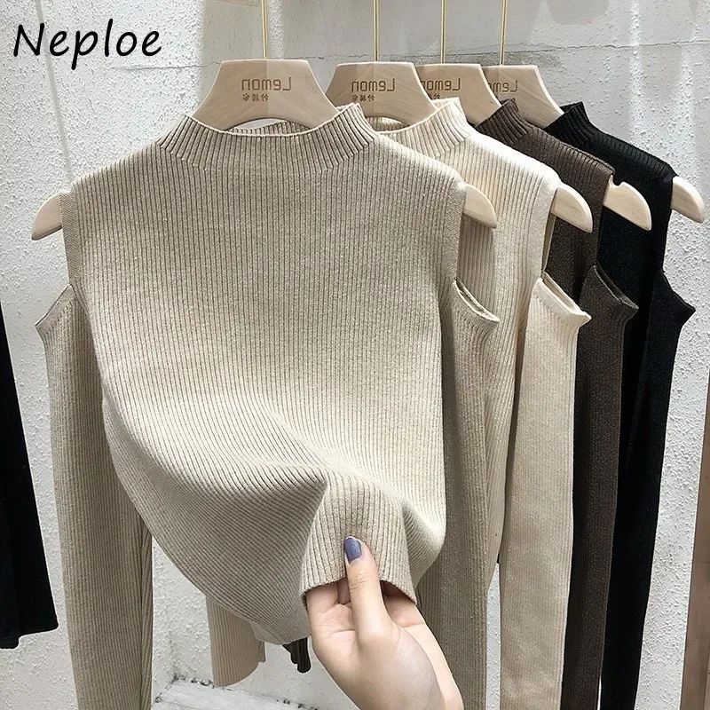 Fashion Off-the-shoulder Women\'s Pullover Tops Long-sleeve Autumn New Bottoming Knitted Shirt Mock Neck Female Sweater