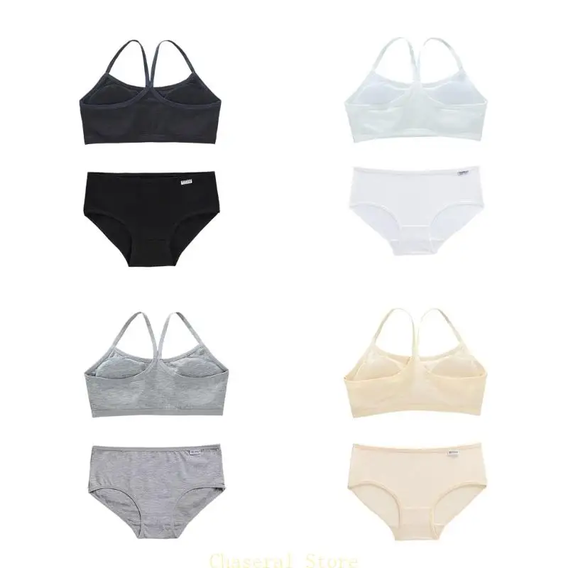 

E7CE Comfortable Bustier Breathable Kids Camisole Bra with Briefs for Girls 6-12Y
