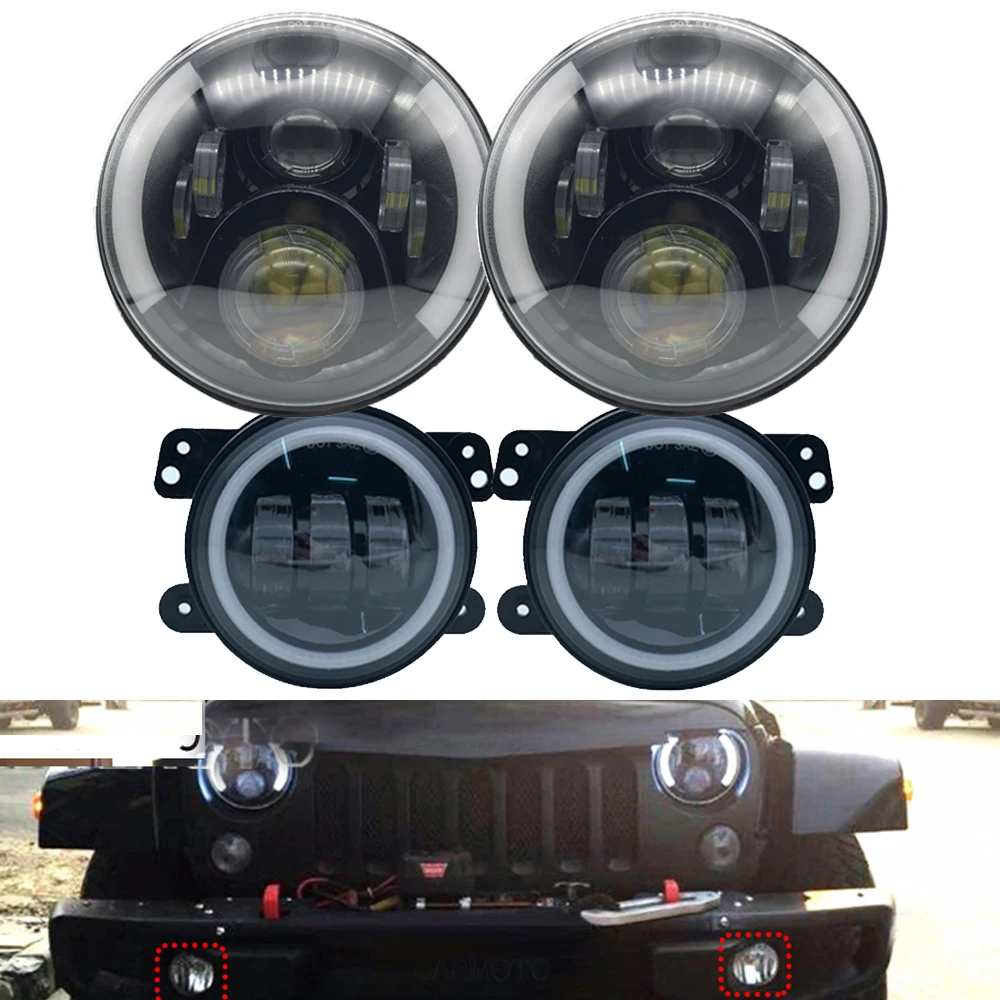 

7" LED headlights with halo amber turn signal + 4" fog light for lada niva 4x4 Suzuki Samurai for VAZ 2101 Lexus Mazda headlamp