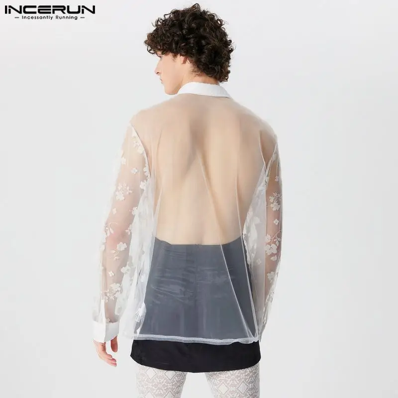 INCERUN-camisa de malla transparente para hombre, ropa de calle Sexy de manga larga con solapa Jacquard, S-5XL de fiesta, 2024