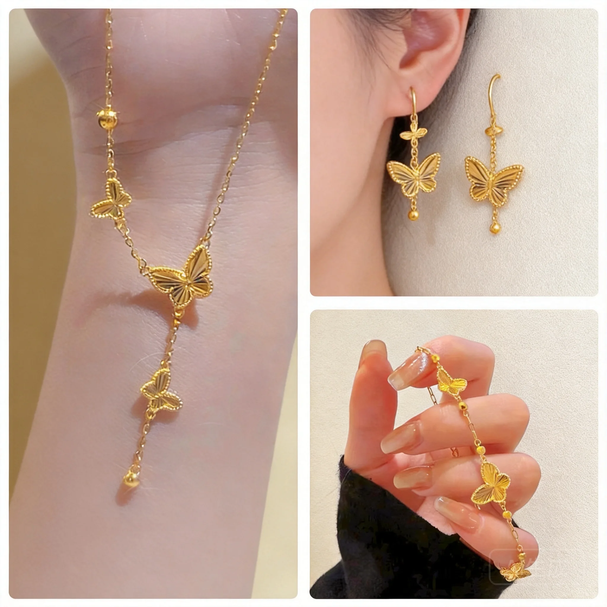 

Chinese Style Lucky Gold Plated 3 Butterfly Jewelry Set Women Laser Carved Necklace Bracelet Earrings Good Fortune Blessing Tren